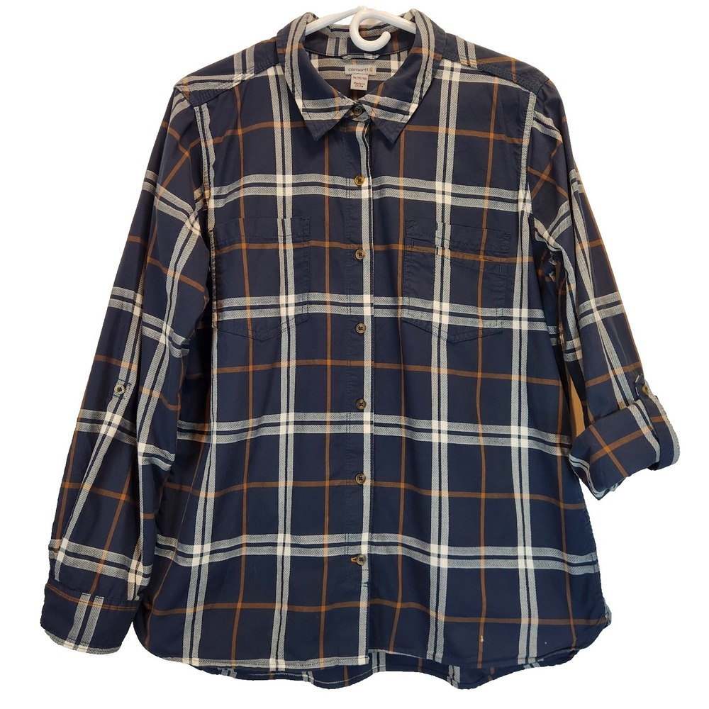 Carhartt Women`s Size XL Fairview Plaid Shirt Navy Blue Workwear Roll Up Sleeve